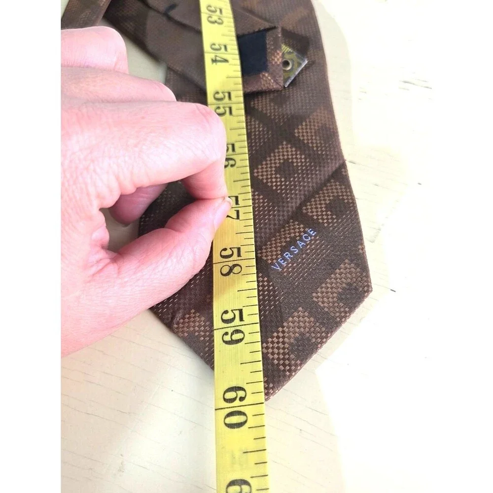Versace Silk Tie Brown Geometric Medusa Logo Italy Designer Luxury Necktie Class